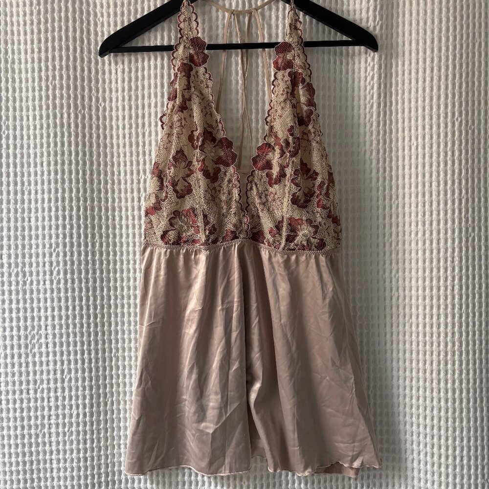 Auden demure taupe floral lace satin slip dress nightie coquette fairy whimsy XL